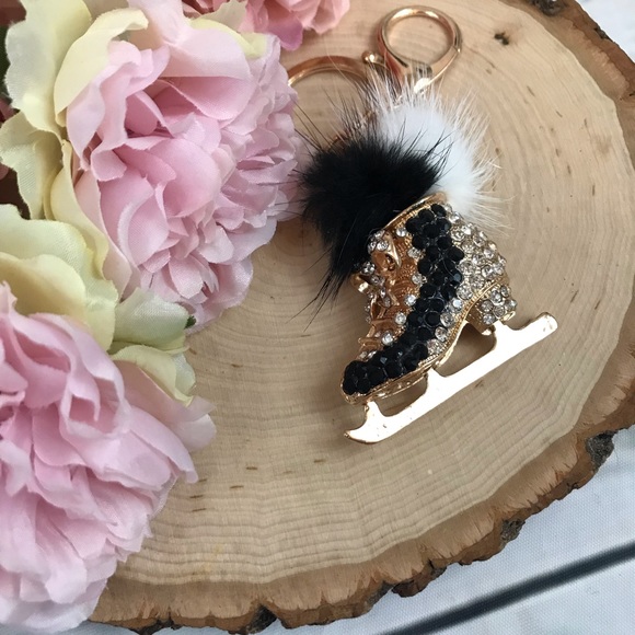 Black & Gold Crystal Ice Skate with Pom Pom Keychain Charm - Picture 6 of 8
